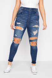 Yours Curve Womens Indigo Blue Ripped Stretch JENNY Jeggings