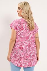 YOURS Plus Size Pink Tile Print Grown On Sleeve T-Shirt | Yours Clothing 2