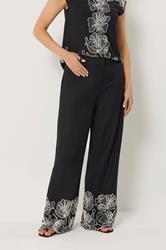 LTS Tall Women's Black Floral Embroidered Linen Wide Leg Trousers | Long Tall Sally 2