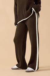 PixieGirl Petite Women's Chocolate Brown Knitted Side Stripe Trousers | PixieGirl 1