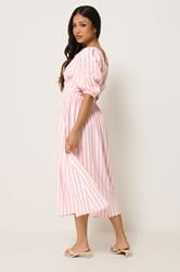 PixieGirl Petite Women's Pink Stripe Puff Sleeve Midi Dress | PixieGirl 2
