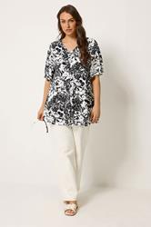 YOURS Plus Size Black & White Floral Pleated Swing Top | Yours Clothing 1