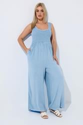 LIMITED COLLECTION Plus Size Blue Chambray Shirred Jumpsuit | Yours Clothing 1