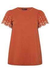 YOURS Curve Orange Embroidered Sleeve T-Shirt
