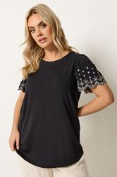 YOURS Plus Size Black Embroidered Sleeve T-Shirt | Yours Clothing 3