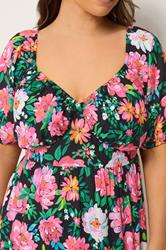 YOURS Plus Size Black Floral Milkmaid Midi Dress | Yours Clothing 5