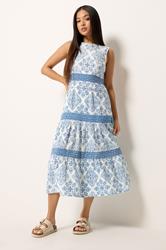 M&Co Petite Light Blue Tile Print Tiered Midi Dress | M&Co 3