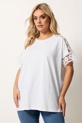 YOURS Curve White Crochet Sleeve Boxy T-Shirt | Yours Clothing 3