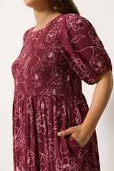 YOURS Plus Size Red Floral Swirl Puff Sleeve Shirred Dress  | Yours Clothing 4