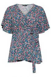 YOURS Curve Blue Floral Textured Wrap Top