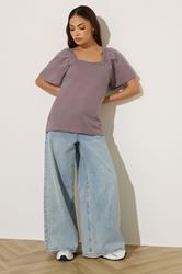 PixieGirl Petite Women's Light Purple Crochet Trim Flutter Sleeve Cotton T-Shirt | PixieGirl 1