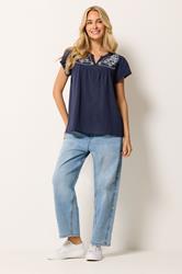 M&Co Navy Blue Embroidered Cotton Notch Neck Top | M&Co 1