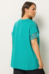 YOURS Plus Size Blue Crochet Sleeve T-Shirt | Yours Clothing 2
