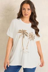 EVANS Plus Size White Sequin Embellished Palm Trees Graphic T-Shirt | Evans  3