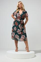 YOURS LONDON Plus Size Green & Pink Floral Wrap Dress | Yours Clothing 1