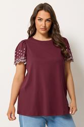 YOURS Plus Size Burgundy Red Embroidered Sleeve T-Shirt | Yours Clothing 3