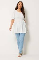 YOURS Plus Size White Broderie Anglaise Shirred Puff Sleeve Top | Yours Clothing 1