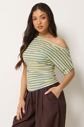 PixieGirl Petite Women's Blue & Yellow Stripe Slash Neck Ruched T-Shirt | PixieGirl  3
