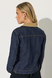 PixieGirl Petite Women's Indigo Blue Contrast Collar Trucker Jacket | PixieGirl 2