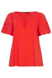 EVANS Curve Red Broderie Sleeve Tie Neck Blouse