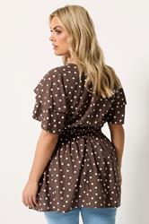 YOURS Plus Size Chocolate Brown Polka Dot Flutter Sleeve Top | Yours Clothing 2