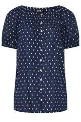 LTS Tall Navy Blue Polka Dot Cotton Dobby Top