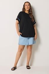 YOURS Plus Size Black Embroidered Floral Sleeve Detail T-Shirt | Yours Clothing 2