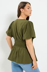 YOURS Plus Size Khaki Green Puff Sleeve Blouse | Yours Clothing 2