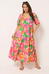 YOURS Curve Pink Floral Puff Sleeve Tiered Maxi Dress | Yours Clothing 3