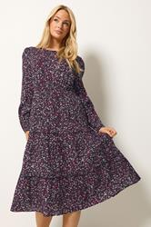 M&Co Berry Purple Ditsy Floral Print Ruffle Midi Dress | M&Co 3