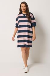 YOURS Plus Size Navy Blue & Pink Stripe T-Shirt Dress | Yours Clothing 1