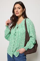 M&Co Green Floral Trim Detail Tie Neck Blouse | M&Co 1