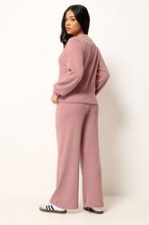 PixieGirl Petite Women's Set Pink Marl Ribbed Cardigan & Wide Leg Trousers | PixieGirl 2