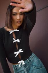 PixieGirl Petite Women's Black Ribbed Bow Detail Long Sleeve Top | PixieGirl 3