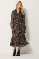 M&Co Brown Animal Print Long Sleeve Ruffle Trim Dress | M&Co 1