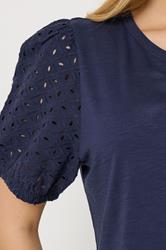 M&Co Navy Blue Broderie Cotton Puff Sleeve Top | M&Co 4