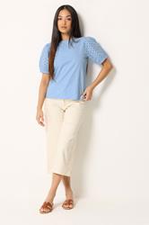 M&Co Petite Blue Broderie Cotton Puff Sleeve Top | M&Co 1