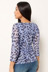 M&Co Petite Blue Animal Print Mesh Sleeve Wrap Top | M&Co 2