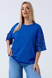 LIMITED COLLECTION Plus Size Cobalt Blue Sequin Sleeve T-Shirt | Yours Clothing 3