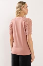 LTS Tall Women's Pink Crochet Raglan Cotton T-Shirt | Long Tall Sally 2