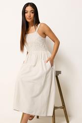M&Co Petite Natural Brown Linen Embroidered Trim Maxi Dress | M&Co 3