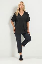 YOURS Plus Size Black V-neckline Longline T-Shirt | Yours Clothing 1