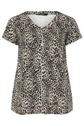 EVANS Plus Size Natural Leopard Print V Neck Cotton T-Shirt | Evans 6