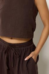 PixieGirl Petite Women's Set Chocolate Brown Cotton Cheesecloth Top & Balloon Trousers | PixieGirl 4