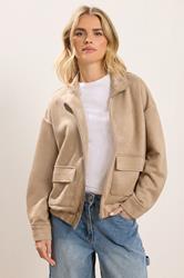 PixieGirl Petite Women's Natural Brown Faux Suede Bomber Jacket | PixieGirl 1