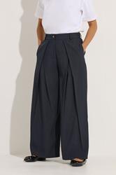PixieGirl Petite Women's Navy Blue Wrap Pleated Wide Leg Trousers | PixieGirl 1