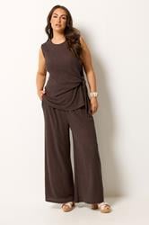 YOURS Plus Size Chocolate Brown Wide Leg Textured Trousers | Yours Clothing 3