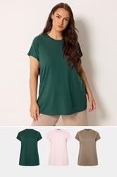 YOURSET 3 PACK Plus Size Mocha Brown & Pink Core T-Shirts | Yours Clothing 1