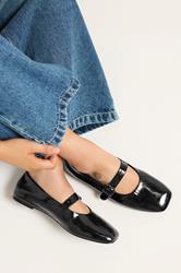 Black Patent Buckle Detail Mary Jane Flats In Wide E Fit | Yours Clothing 1