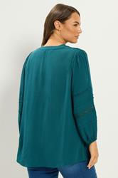 YOURS Curve Teal Blue Notch Neck Crochet Blouse | Yours Clothing  2